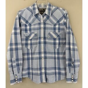 Vtg Levi's Silvertab Western Pearl Snap Shirt Women's Large Blue White Plaid L/S